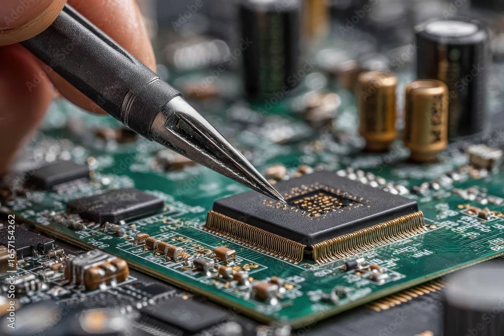 Poster close up of electronics engineer repairing circuit board with tweezers for precision, modern technol