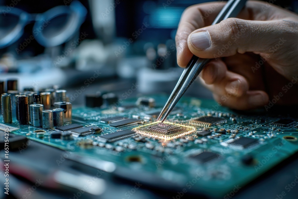 Poster precision electronics assembly featuring a technician using tweezers to carefully place a microchip 