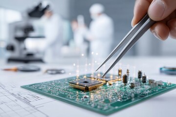 Close-up of a semiconductor board being assembled in a clean laboratory environment, using tweezers by a worker in a white coat, with a microscope in the background.