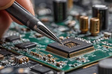 Close up of electronics engineer repairing circuit board with tweezers for precision, modern technology development and complex electronic component service.
