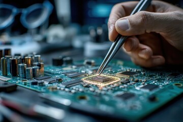Precision electronics assembly featuring a technician using tweezers to carefully place a microchip on a circuit board, highlighting modern technology and craftsmanship.