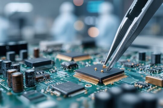 Close-up of electronics engineer using tweezers to carefully place components onto a circuit board, showcasing precision and technology in a laboratory setting.