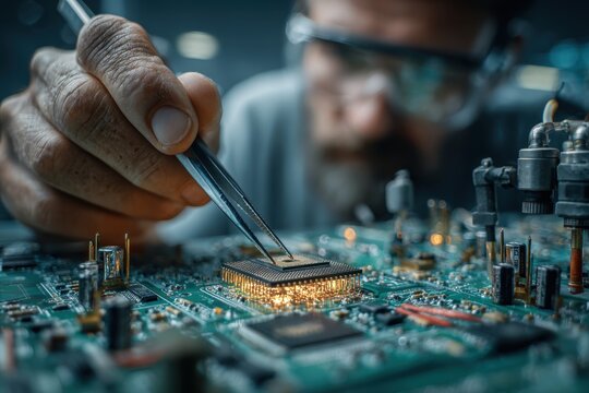Close-up of a technician carefully placing a microchip on a circuit board with tweezers, showcasing precision and the intricacies of modern technology and engineering.