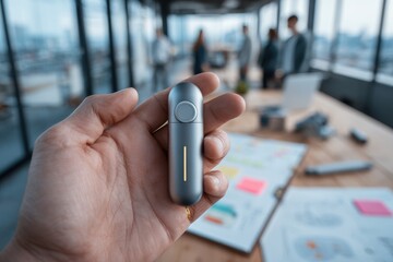 Close-up of a hand holding a grey vaporizer, blurred view of modern office with a team working on documents, creative atmosphere and teamwork.