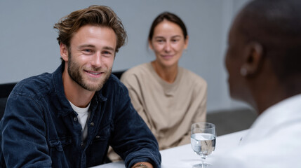 Obraz premium In a bright environment, three colleagues engage in a casual meeting, smiling and sharing thoughts over a glass of water, representing camaraderie and professional companionship.