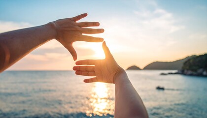 Framing the Sunset Hands Capturing Golden Hour on the Sea