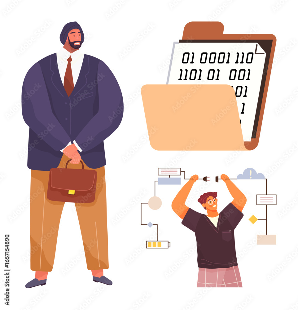 Poster business professional holding a briefcase, an open file folder with binary code, and a person managi