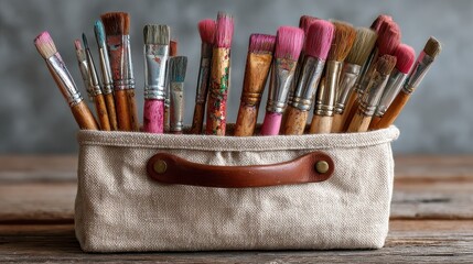 Artist's paintbrushes stand upright in a beige canvas container on a wooden surface