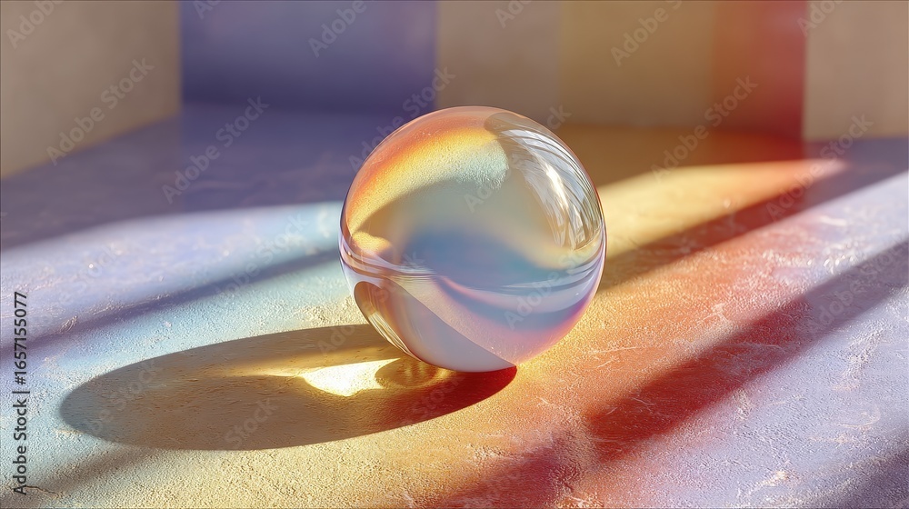 Aufkleber iridescent sphere rests on colorful surface as sunlight streams through window casting bold shadows