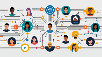 social network with circuit networking system that connects various stylized icons and buttons representing market trends, relationships, and teamwork