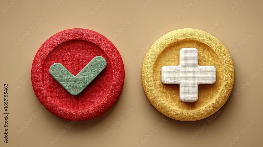 Poster green check mark symbol and black x mark representing positive and negative options against matching
