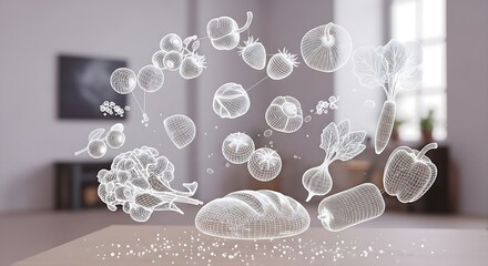 3d holographic projection of fresh food items and bread on a table