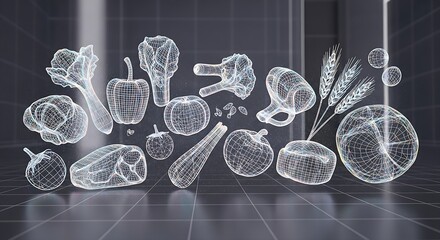 Wireframe food objects arranged on dark background