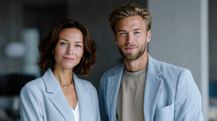 A duo presents a chic and stylish look while posing in a refined environment, emphasizing elegance, beauty, and modern partnerships in a sophisticated setting.