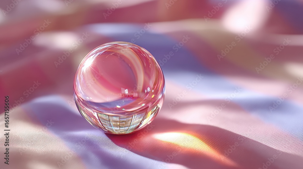 Poster iridescent sphere rests on colorful surface as sunlight streams through window casting bold shadows