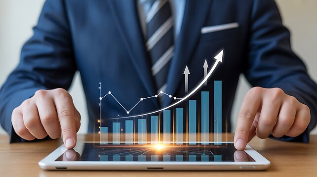 Focused businessman uses tablet to analyze upward trending financial growth chart