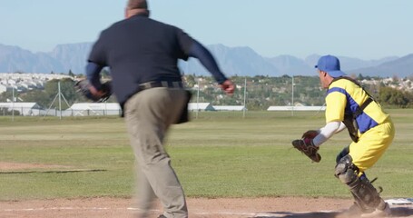 male pitcher pitching on mound batter batting runner running home catcher tagging umpire signaling - Powered by Adobe
