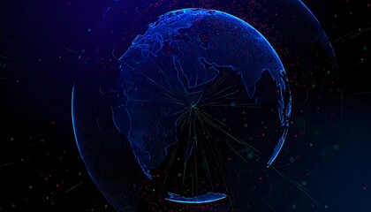 A global network illustration displays the interconnectedness of the world's continents through a vibrant array of luminous lines.