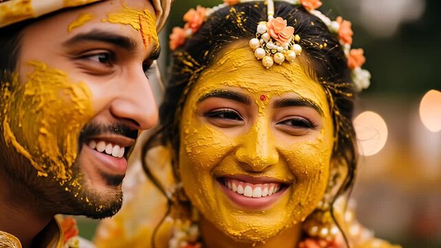 Close Up Portrait of Smiling Couple Covered in Yellow Haldi Paste During Indian Wedding Ceremony with Floral Ornaments and Traditional Attire and Dark Blurred Background