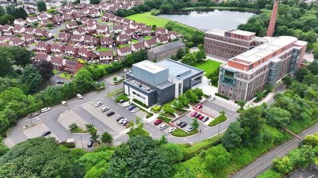 Aerial View of Mossley Mill, Theatre at The Mill, Museum at The Mill, Newtownabbey Co Antrim Northern Ireland 01-08-25 