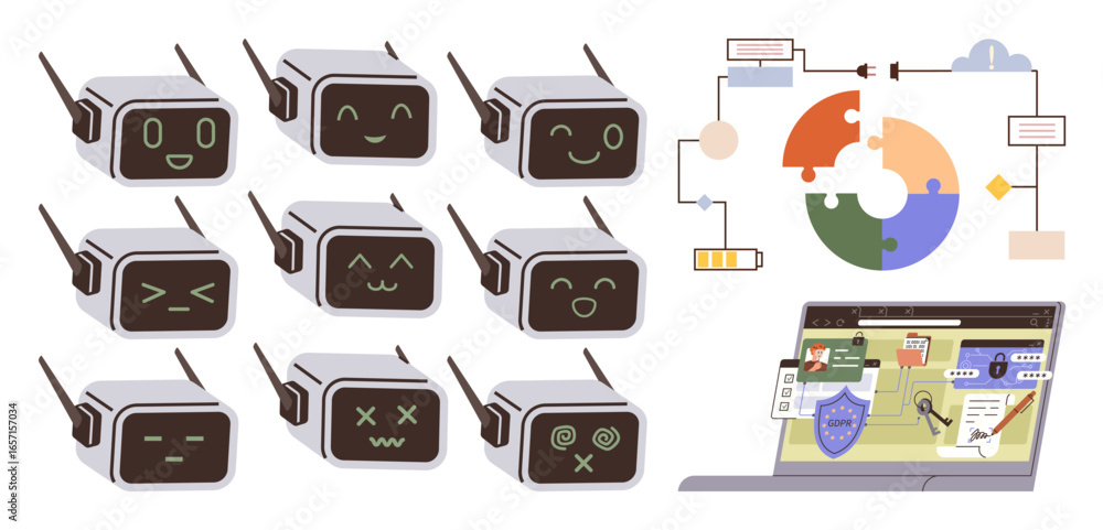 Poster nine robot faces display emotions, accompanied by colorful flowcharts and a laptop showing cybersecu