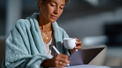 A serene moment where an individual enjoys a cup of coffee while writing on a tablet, depicting relaxation and the pleasure of combining creativity with daily comfort and routine.