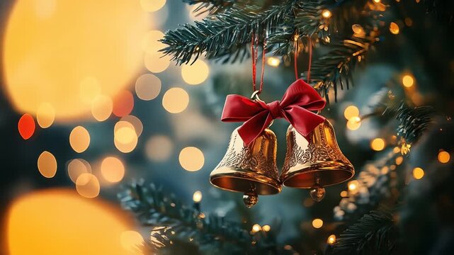 Closeup of golden Christmas bells with a red bow on a pine branch