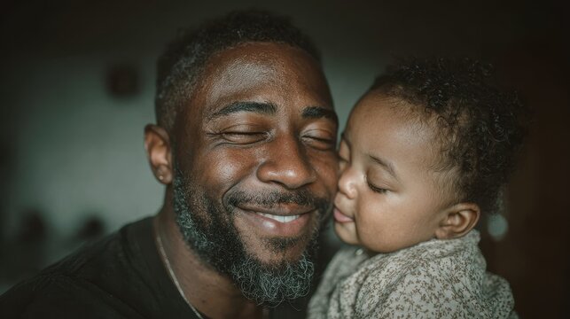 Loving african american father holding his toddler daughter who is kissing his cheek with eyes closed - Powered by Adobe