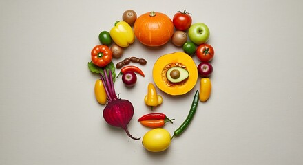 Artistic Fusion: A whimsical and artistic representation of a face constructed entirely from fresh, vibrant fruits and vegetables, evoking a sense of culinary creativity and healthy living.