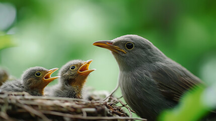 Obraz premium bird, robin, birds, feather, Baby bird, hatchling, mother bird, bird feeder, bird nest, mountain, forest, birdhouse, family, breeding, animal, nature, branch, wild, starling, wildlife, spring, life, 