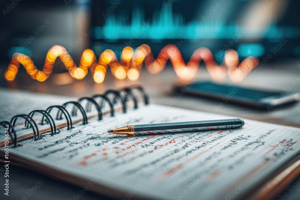 Poster detailed shot of an open spiral notebook with intricate notes and a pen, bathed in ambient light.