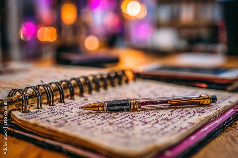 Poster old spiral notebook with handwritten notes and a pen, warm bokeh background.