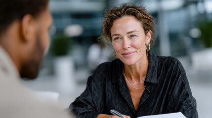 A sophisticated woman engages in a conversation, smiling warmly, emphasizing the importance of positive interaction and negotiation in professional environments.