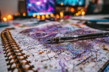 Naklejka premium Creative Chaos: A Glitter-Covered Notebook with a Pen Amidst Bokeh Lights