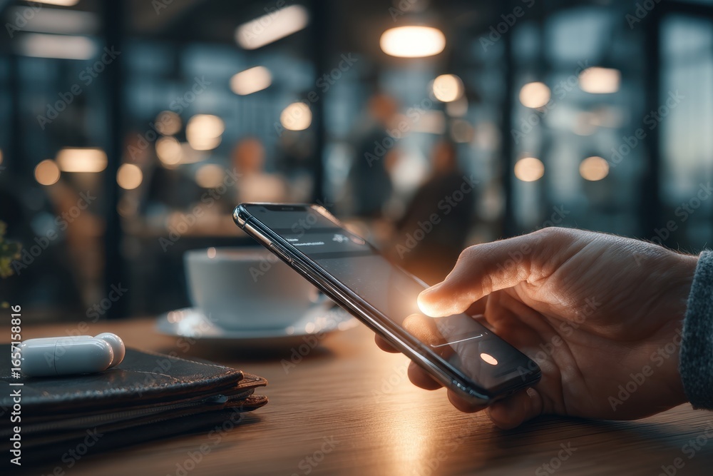 Poster connecting digitally: a hand using a modern smartphone in a stylish cafe setting.