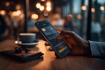African American person's hand holding a phone, making a secure online payment.