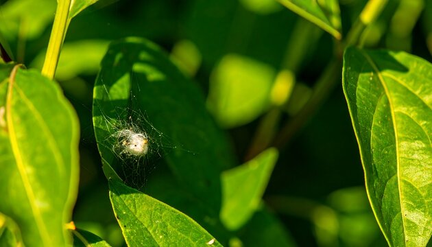 A small spider egg sac, delicate and white, is nestled within a fine web on a vibrant green leaf.