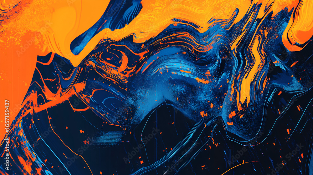 Poster dynamic abstract artwork featuring swirling textures and vibrant color gradients, creating a visuall