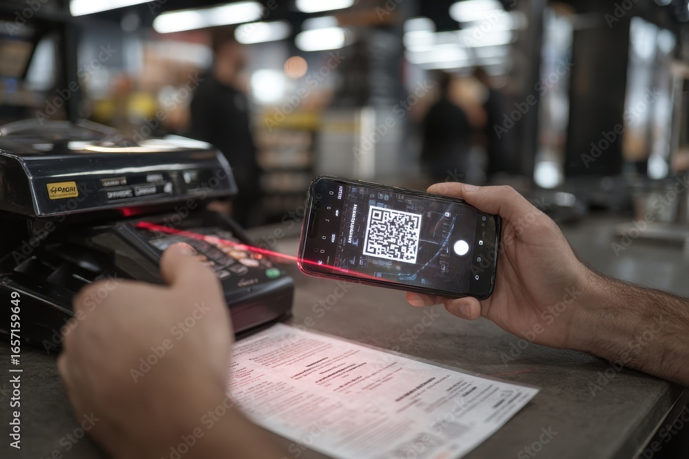 Poster close-up of a hand holding a smartphone to scan a qr code at a retail counter.