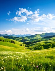 Fototapeta premium Lush green hills under a vibrant sky