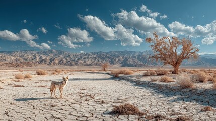 Coyote stands on parched earth near small pool of water in Death Valley National Park
