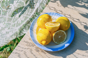 Fresh lemons on blue plate in sunlit outdoor setting