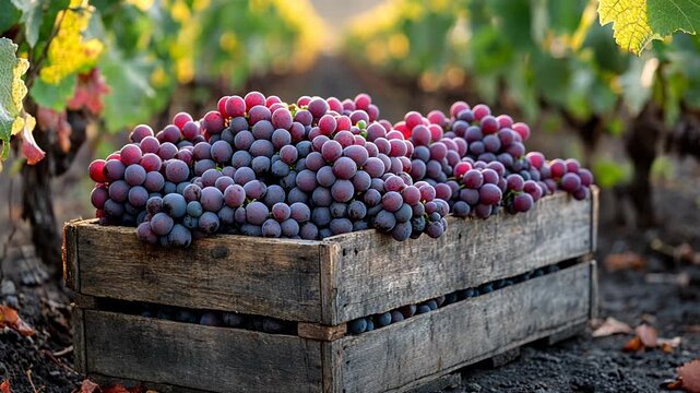 Close-up of a wooden crate filled with ripe red grapes in a vineyard during harvest season.