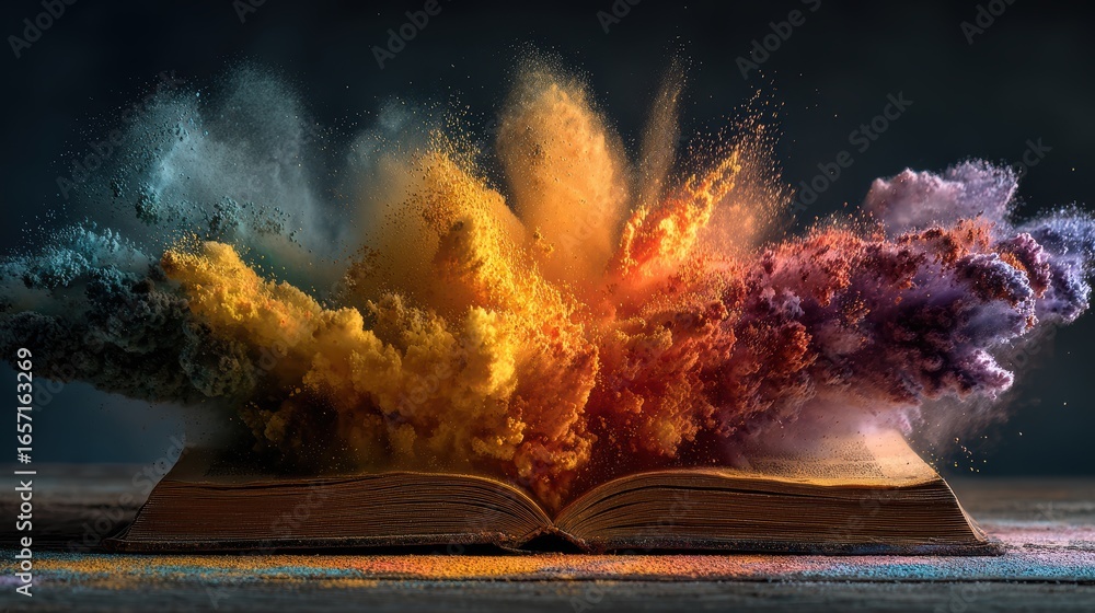 Poster open book concept with colourful explosion of powder creating a vivid display