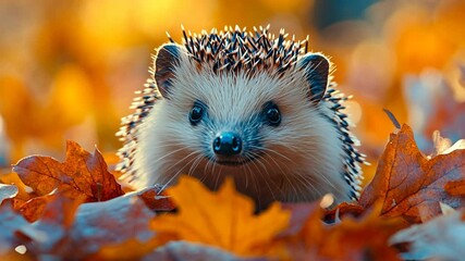 Close-up of a cute hedgehog in autumn leaves, looking at the camera. - Powered by Adobe