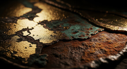 Fototapeta premium Textured Metal Surface with Golden and Teal Patina Close-up