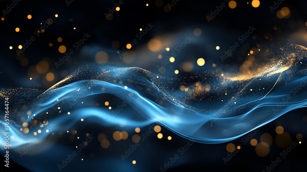 Poster ethereal blue waves dance with golden particles, creating a mesmerizing abstract flow of light and e