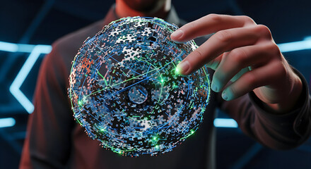 Pria menyentuh bola teka-teki jaringan global yang rumit