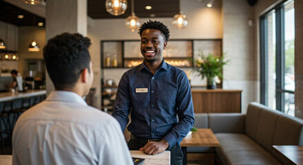 A waiter greets a customer in a modern restaurant setting