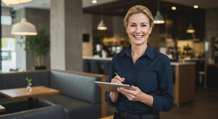 Smiling waitress taking orders in a modern restaurant area